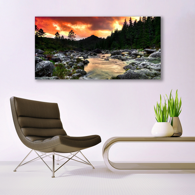 Canvas Wall art Lake stones forest nature green grey yellow