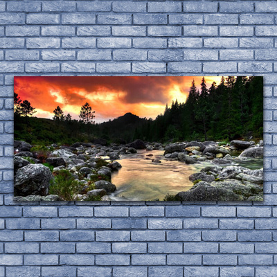 Canvas Wall art Lake stones forest nature green grey yellow