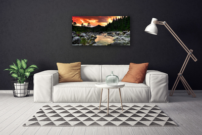 Canvas Wall art Lake stones forest nature green grey yellow