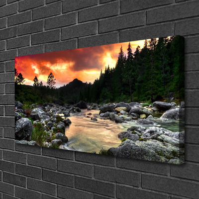 Canvas Wall art Lake stones forest nature green grey yellow