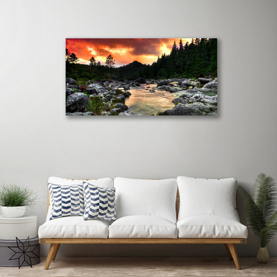 Canvas Wall art Lake stones forest nature green grey yellow