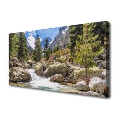 Canvas Wall art Mountain forest stones lake nature grey brown green white