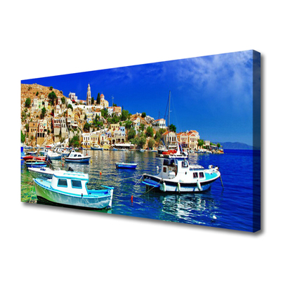 Canvas Wall art Boats city sea landscape blue white brown green