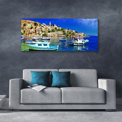 Canvas Wall art Boats city sea landscape blue white brown green