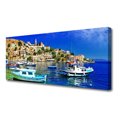 Canvas Wall art Boats city sea landscape blue white brown green