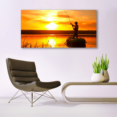 Canvas Wall art Sun sea fisherman landscape yellow