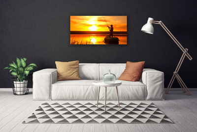 Canvas Wall art Sun sea fisherman landscape yellow