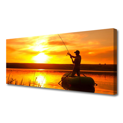 Canvas Wall art Sun sea fisherman landscape yellow