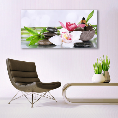 Canvas Wall art Bamboo stalks flower stones floral green white grey
