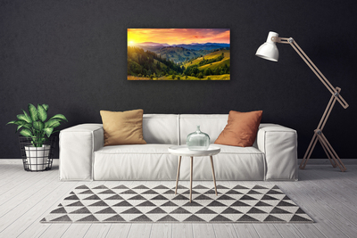 Canvas Wall art Sun mountain forest meadow nature yellow blue green