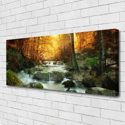 Canvas Wall art Waterfall forest stones nature brown yellow grey white