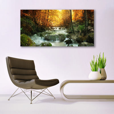 Canvas Wall art Waterfall forest stones nature brown yellow grey white