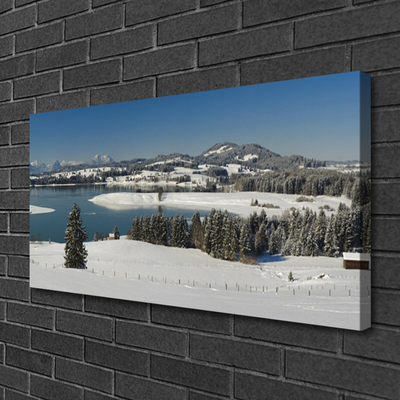 Canvas Wall art Snow lake forest landscape blue white green