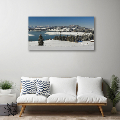 Canvas Wall art Snow lake forest landscape blue white green