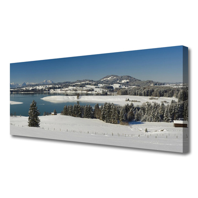 Canvas Wall art Snow lake forest landscape blue white green