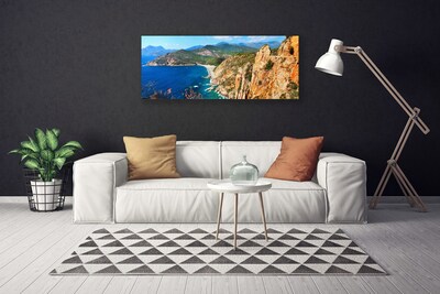 Canvas Wall art Sea mountains landscape yellow grey blue green