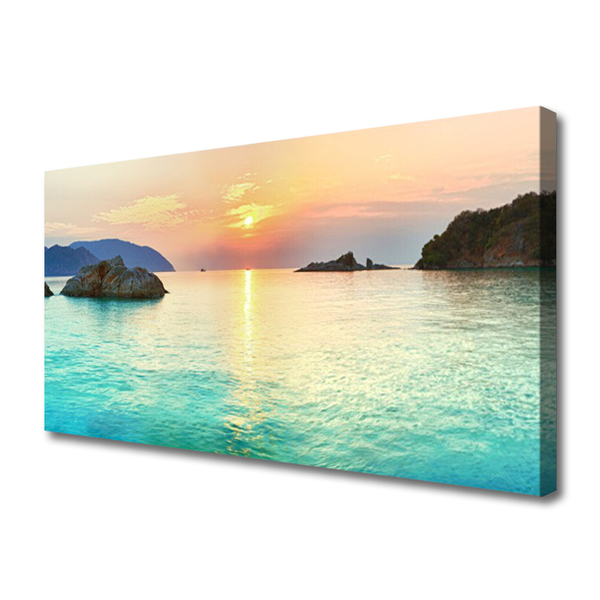 Canvas Wall art Sun sea rocks landscape yellow grey blue