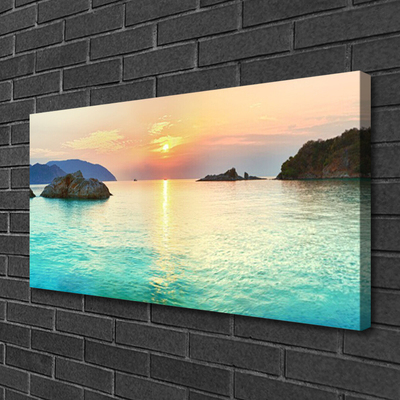 Canvas Wall art Sun sea rocks landscape yellow grey blue