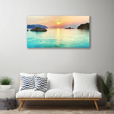 Canvas Wall art Sun sea rocks landscape yellow grey blue