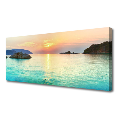 Canvas Wall art Sun sea rocks landscape yellow grey blue