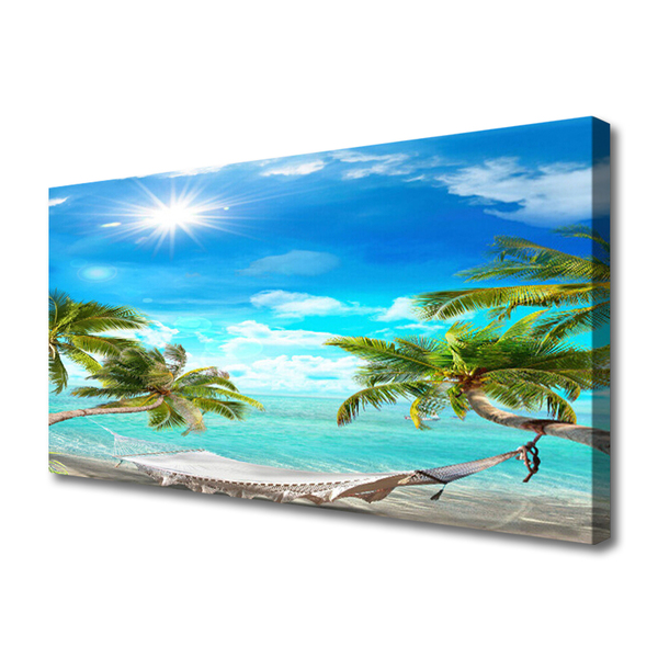 Canvas Wall art Sun sea palm hammock landscape white blue brown white