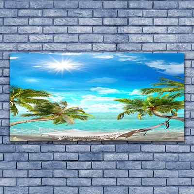 Canvas Wall art Sun sea palm hammock landscape white blue brown white