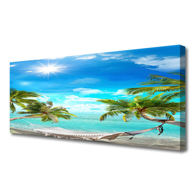 Canvas Wall art Sun sea palm hammock landscape white blue brown white