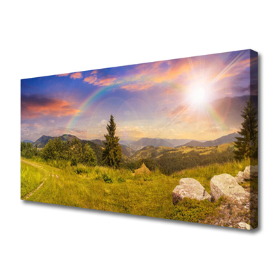 Canvas Wall art Sun mountains meadow stones nature yellow green brown