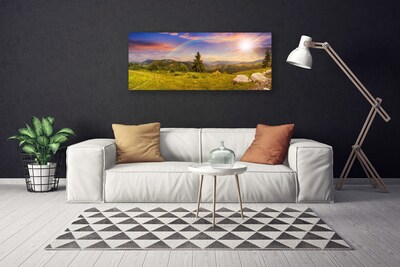 Canvas Wall art Sun mountains meadow stones nature yellow green brown