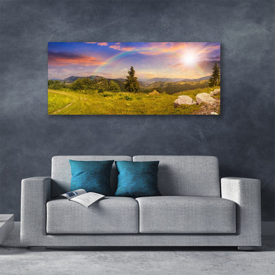 Canvas Wall art Sun mountains meadow stones nature yellow green brown