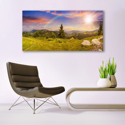 Canvas Wall art Sun mountains meadow stones nature yellow green brown