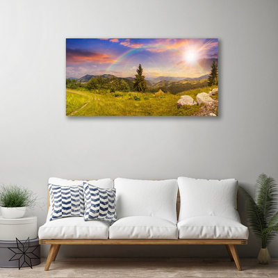 Canvas Wall art Sun mountains meadow stones nature yellow green brown