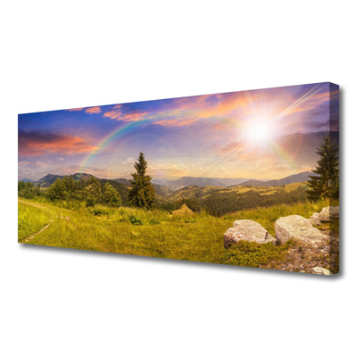 Canvas Wall art Sun mountains meadow stones nature yellow green brown