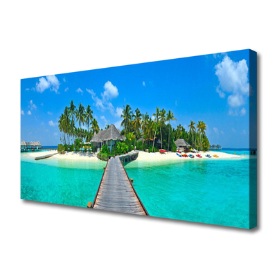 Canvas Wall art Beach palm trees bridge sea architecture brown green grey blue