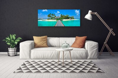 Canvas Wall art Beach palm trees bridge sea architecture brown green grey blue