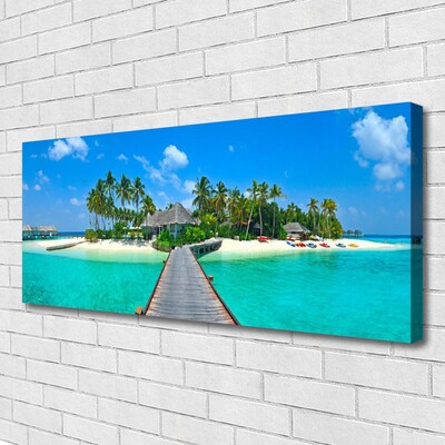 Canvas Wall art Beach palm trees bridge sea architecture brown green grey blue