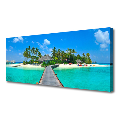 Canvas Wall art Beach palm trees bridge sea architecture brown green grey blue