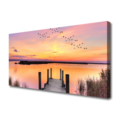 Canvas Wall art Sea bridge landscape yellow pink grey