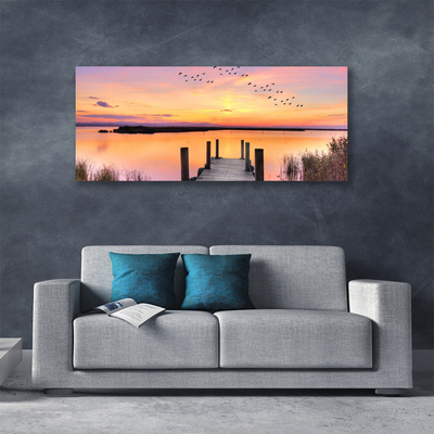 Canvas Wall art Sea bridge landscape yellow pink grey