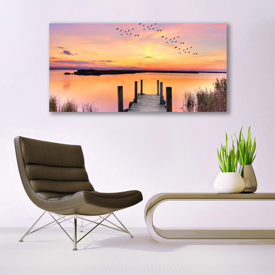 Canvas Wall art Sea bridge landscape yellow pink grey