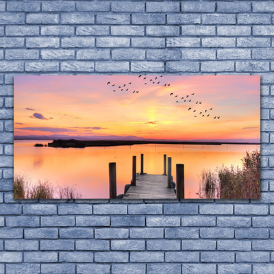 Canvas Wall art Sea bridge landscape yellow pink grey