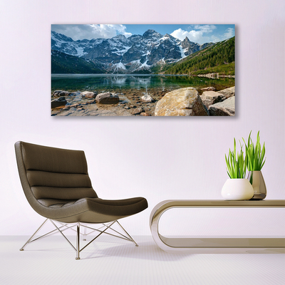 Canvas Wall art Mountain forest lake stones landscape grey green brown
