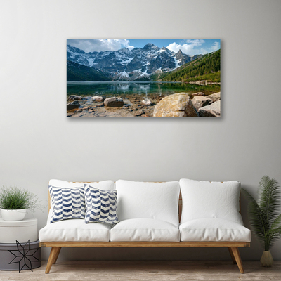 Canvas Wall art Mountain forest lake stones landscape grey green brown