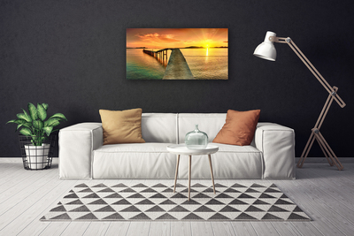 Canvas Wall art Sun sea bridge landscape yellow grey