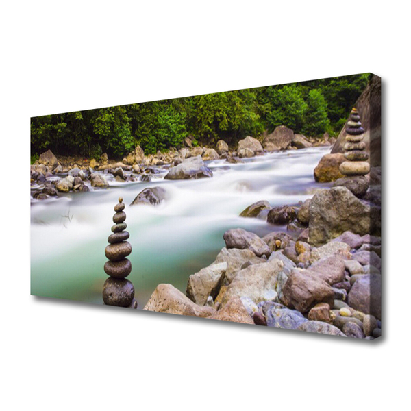 Canvas Wall art Forest lake stones landscape green white grey brown