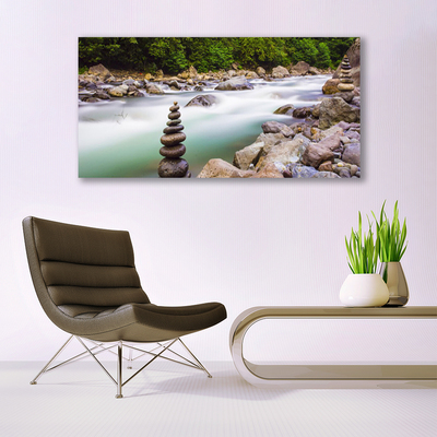 Canvas Wall art Forest lake stones landscape green white grey brown