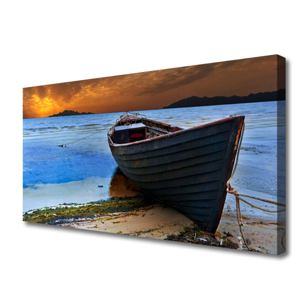 Canvas Wall art Beach boat sea landscape green brown grey blue