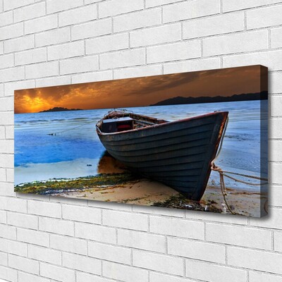 Canvas Wall art Beach boat sea landscape green brown grey blue