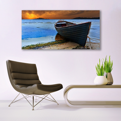 Canvas Wall art Beach boat sea landscape green brown grey blue