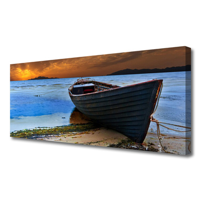 Canvas Wall art Beach boat sea landscape green brown grey blue